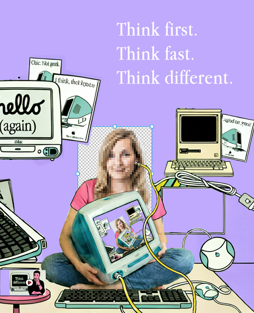 illustration showing a woman with a cable in the ear that plugs into an old imac.