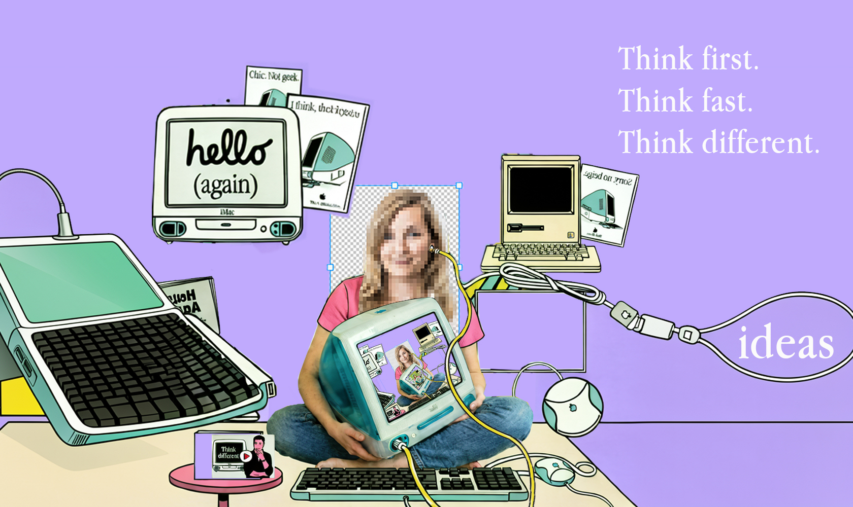 illustration/collage of a young woman with older apple computer model